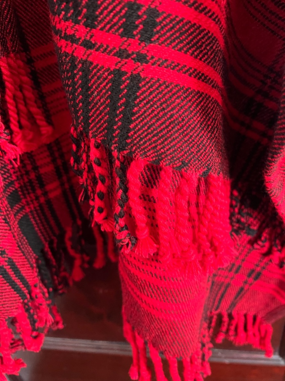 Talbots Red and Black Plaid Wool Blend Poncho with Fringe One Size - Picture 9 of 10
